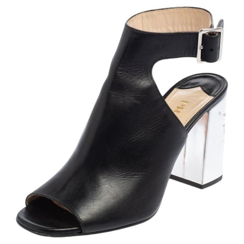 PRADA LEATHER ANKLE STRAP OPEN TOE METALLIC HEELED SANDALS SZ EUR 37.5 US 7.5 - Picture 3 of 11